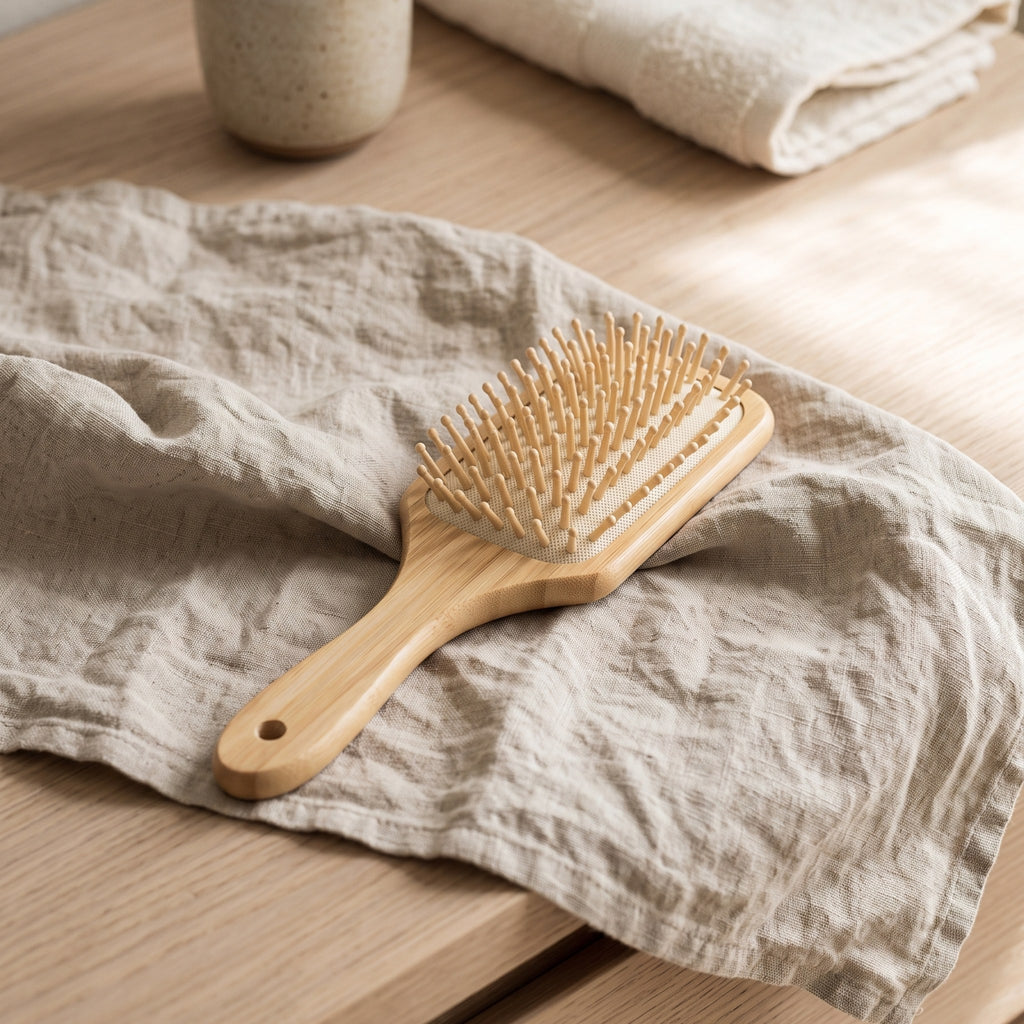Bamboo paddle brush on an oak bathroom vanity
