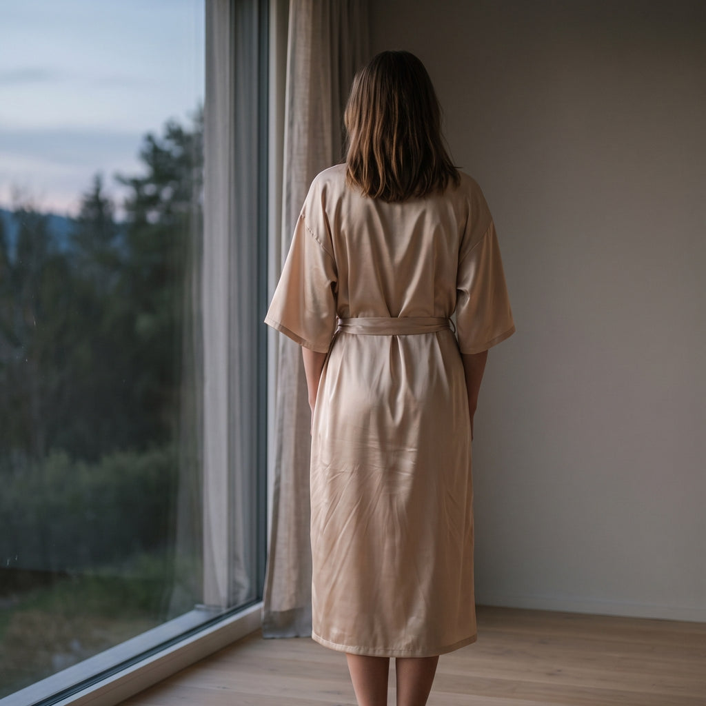 Woman in the champagne satin kimono robe at a window at dusk #champagne