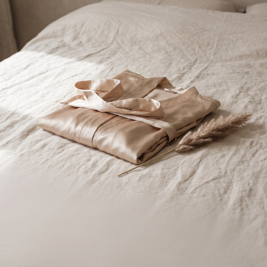 Champagne satin kimono robe folded on an ivory linen bed #champagne