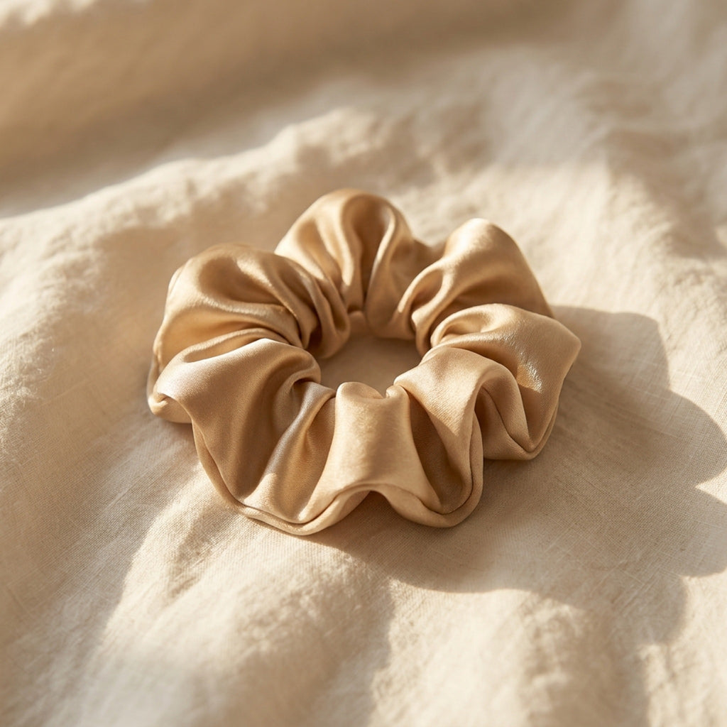 Champagne gold silk scrunchie on ivory linen #champagne-gold