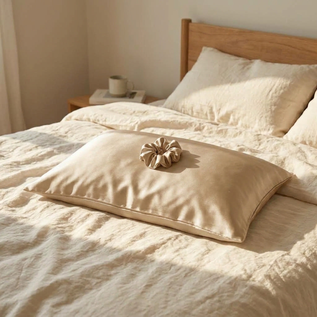 Champagne gold silk scrunchie on a silk pillowcase on a linen bed #champagne-gold