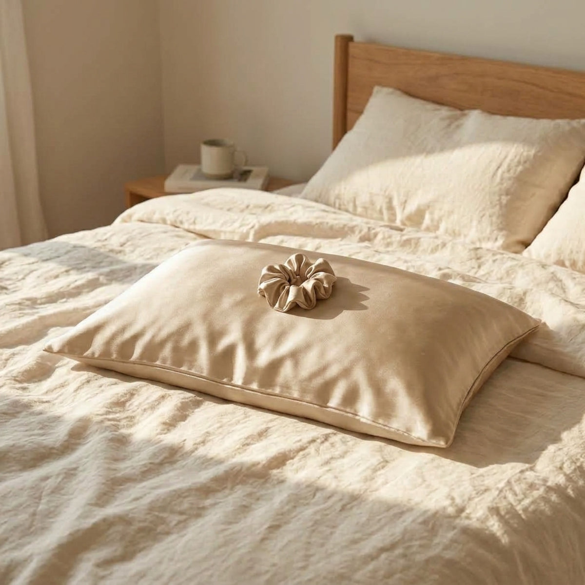 Champagne gold silk scrunchie on a silk pillowcase on a linen bed #champagne-gold