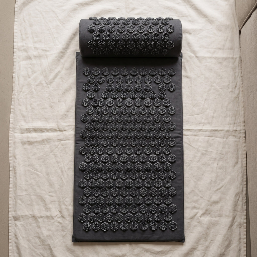 Dark gray acupressure mat and neck pillow on ivory linen