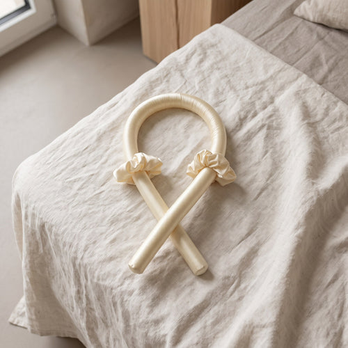 Cream satin heatless curl rod with two scrunchies