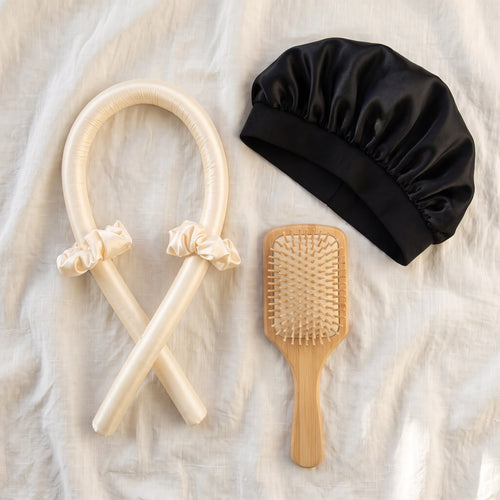 Overnight hair ritual set: satin curl rod, scrunchies, black satin bonnet and bamboo brush