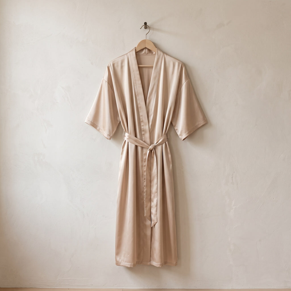 CURALP satin kimono robe in champagne on an oak hanger #champagne