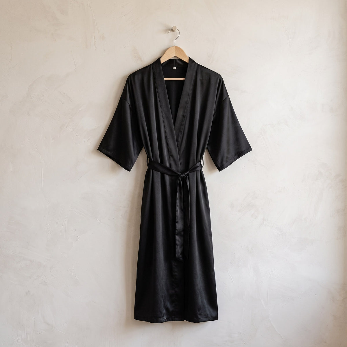 Satin kimono robe in black on an oak hanger #black