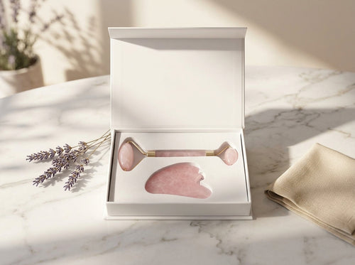 Rose Quartz Ritual Set: rose quartz facial roller and gua sha in gift box on marble
