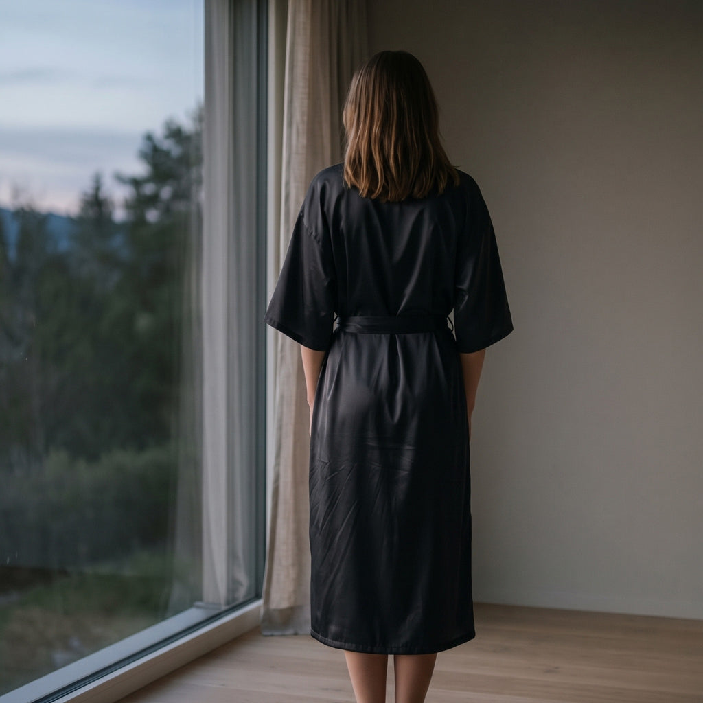 Woman in the black satin kimono robe at a window at dusk #black